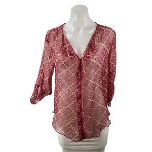 Blue Rair Women's Pink Sheer Mesh Tapestry Quarter Sleeve Button Up Blouse Top S